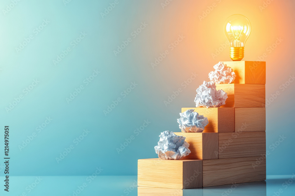 Poster a creative concept of a staircase made of blocks with crumpled paper and a glowing light bulb repres