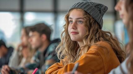 Young Woman with Freckles Among Peers in a Lecture Setting