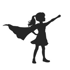 Superhero girl silhouette. Isolated drawing of kid in cloak. Hero child portrait. Leader concept. Brave teenager raised his hand to fly