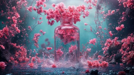 a transparent glass bottle of spring water floating amidst splashing water and glowing pastel...