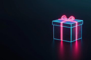 A glowing neon gift box with a ribbon on a dark background, ideal for celebration themes.