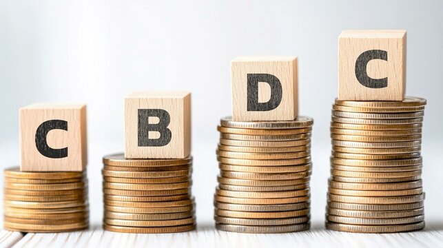 Visual representation of financial growth displayed through stacked coins with alphabetic labels indicating investment grades or categories signifying financial performance and assessment.