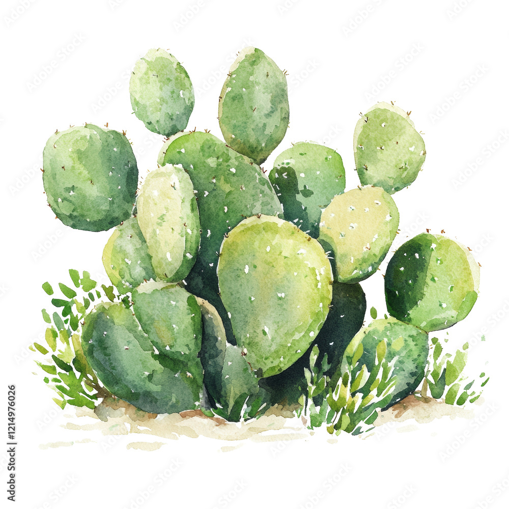 Aufkleber a vibrant watercolor painting depicts a cluster of prickly pear cacti with surrounding greenery, sho