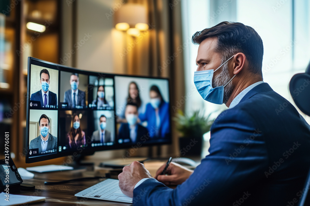 Aufkleber man wearing a suit and a mask is sitting at a desk in front of a computer monitor. he is writing on 