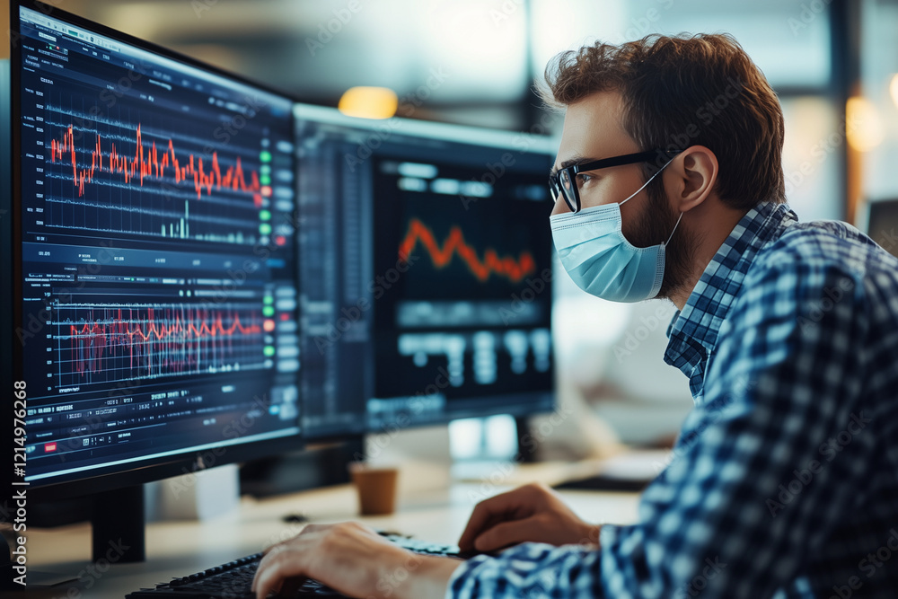 Poster man wearing a mask is working on a computer with two monitors. he is focused on the screen and he is