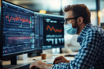 man wearing a mask is working on a computer with two monitors. He is focused on the screen and he is typing