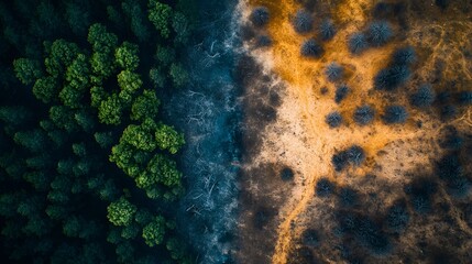 Obraz premium Contrast Between Lush Green Forest and Dry Barren Landscape