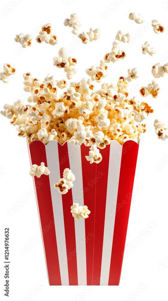 Poster A red and white striped popcorn bucket with popcorn overflowing and kernels flying in the air.