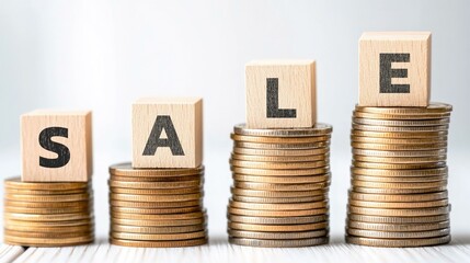 Eye-catching representation of a financial sale concept, featuring stacked coins with wooden blocks spelling SALE, perfect for conveying promotions, discounts, and financial strategies in marketing.