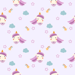 Face unicorn cartoon so cute. On star rainbow cloud purple background. Pattern seamless vector illustration. 

