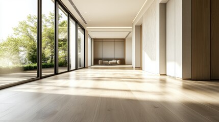 Obraz premium Sunlit modern interior with expansive windows and minimalist design