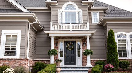 Luxury Home Exterior: Modern Architectural Design, Gray Siding, Landscaped Garden