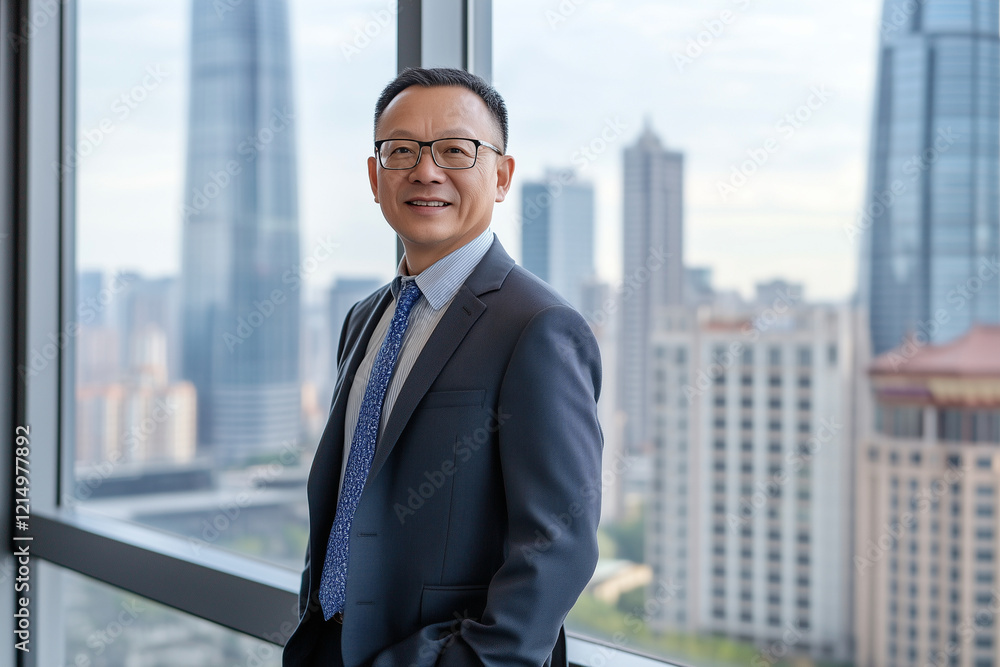 Poster asian man in a suit and tie stands in front of a window with a city view. he is smiling and he is en