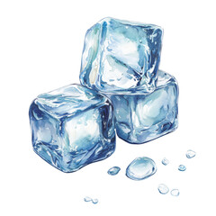 Obraz premium A watercolor painting depicts three translucent ice cubes and several small water droplets, suggesting melting.