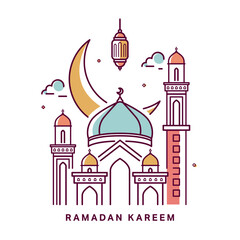 Ramadan Kareem Illustration Using Islamic Symbols Such As Mosque And Moon In Line Art Design Style