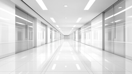 A long white office corridor with stainless steel doors and glass walls under bright ceiling lighting showcasing a minimalist, industrial building or data center with a modern and empty ambiance

