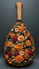 Floral teardrop-shaped vessel with woven neck