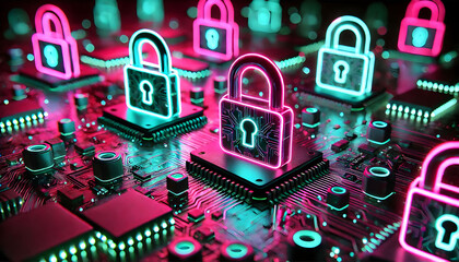 Glowing Padlock Icons in a Digital Environment, Cybersecurity and Data Protection Concept