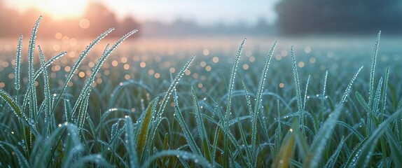 Dewcovered grass blades in a fresh meadow under pale blue morning light that fades into soft creamy orange tones illustration background design