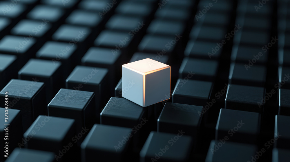 Poster single highlighted cube in a grid of dark cubes, individuality concept, symbolic of a unique candida
