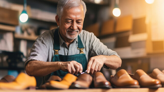 A skilled cobbler meticulously crafting shoes in a warm, inviting workshop filled with leather and tools.