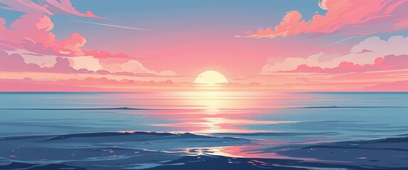 Faint pink and peach sunset merging with ocean blue horizon with a soft glow across the water illustration background design