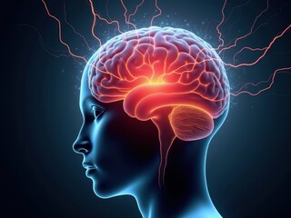 Obraz premium Excited Amygdala infographic illustrating how anxiety affects brain function and activity in a human silhouette