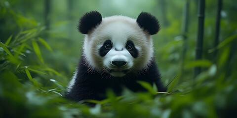 Obraz premium Adorable panda cub peering from bamboo forest.