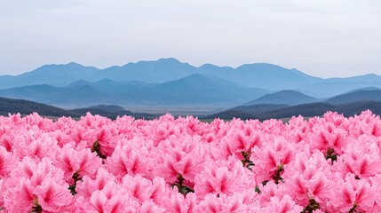 Pink azaleas bloom, mountain backdrop, spring landscape, nature scene, scenic wallpaper