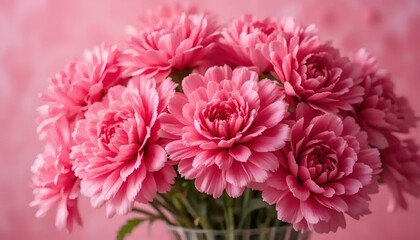 Bouquet of pink carnations in a glass vase on a soft pink background for floral decoration and emotion