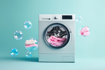 A washing machine with bubbles and pink clothes, displaying modern laundry technology.