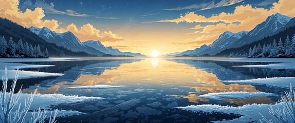 Naklejka premium Frozen lake with deep frost textures reflecting a pale golden sunset sky illustration background design