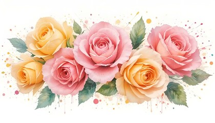 Fototapeta premium Watercolor floral arrangement with pink and yellow roses