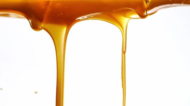 Melted caramel or honey drips seamlessly on a clean white background. Closeup of flowing yellow orange syrup dripping, showcasing confectionery cooking and handmade desserts and candies. Generative AI