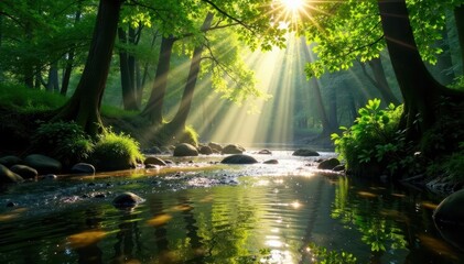 Sunlight filters through river forest foliage, dappled, shade