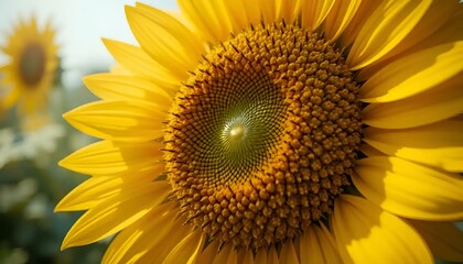 Naklejka premium Close-up of a vibrant sunflower with detailed center against sunny background