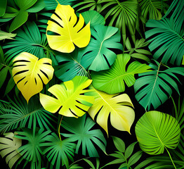 Fototapeta premium close up nature view with green leaves and palm trees background. Flat lay, dark nature concept, tropical leaf.generative ai