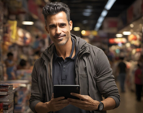 "An AI-generated digital artwork of a man holding a notebook in his hand while standing in a busy street market. The scene captures a lively urban atmosphere, blending realism with artistic expression