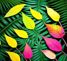 Fototapeta premium close up nature view with green leaves and palm trees background. Flat lay, dark nature concept, tropical leaf.generative ai