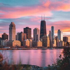 Fototapeta premium Stunning Urban Skyline at Sunset Featuring Towering Skyscrapers Reflected in Calm Water with Colorful Clouds Above in a Vibrant City Setting