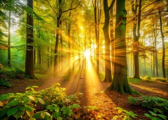 Naklejka premium Golden Sunrise Through Trees: Peaceful Morning in Nature