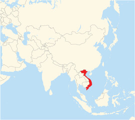 Location Map of the country Vietnam in Asia. The country is highlighted with a red polygon. No labels at all.