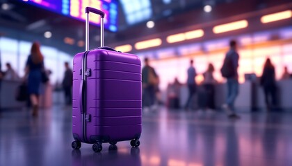 Purple Suitcase in Airport Departure Lounge: Travel, Vacation, Journey