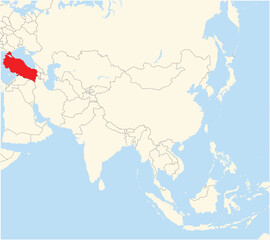 Location Map of the country Turkey in Asia. The country is highlighted with a red polygon. No labels at all.