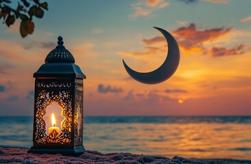photo of crescent moon and lantern on the beach with ramadan background, sunset sky --ar 32:21 --v 6.1 Job ID: 285e4cfd-5671-4d9f-84fd-8f19b2ce45f0