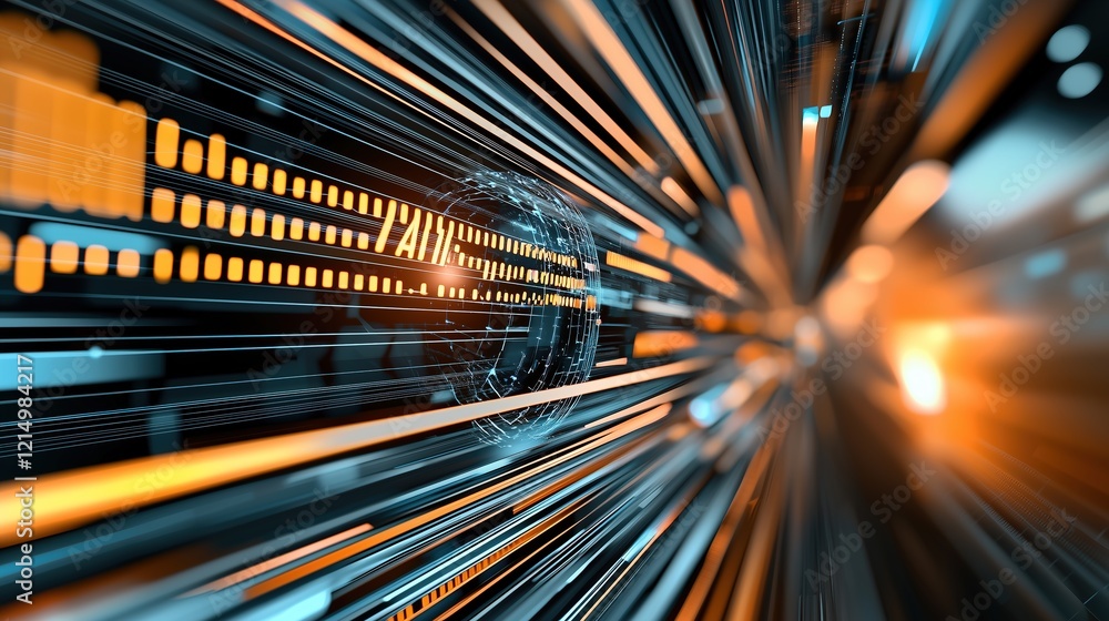 Poster futuristic digital interface with dynamic lines and glowing elements, evoking a sense of speed, inno