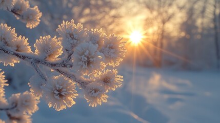 Frosty flower blooms in the morning light with bokeh background of the sunrise in winter