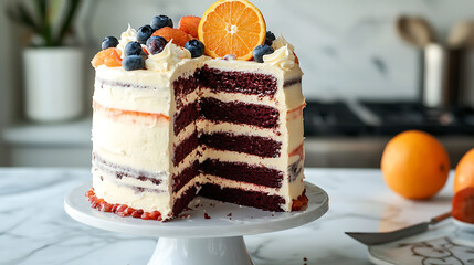 A decadent red velvet cream cake sliced to reveal its intricate layers, topped with fresh berries, orange slices, and greenery on a wooden base, creating a mouthwatering visual.