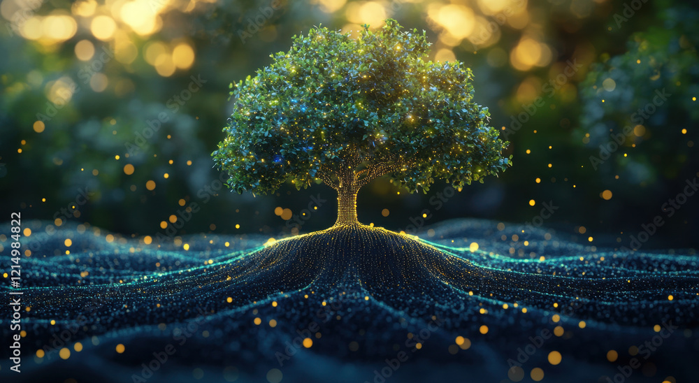 Poster a vibrant tree stands on a gently rolling hill, illuminated by a multitude of luminous data points. 