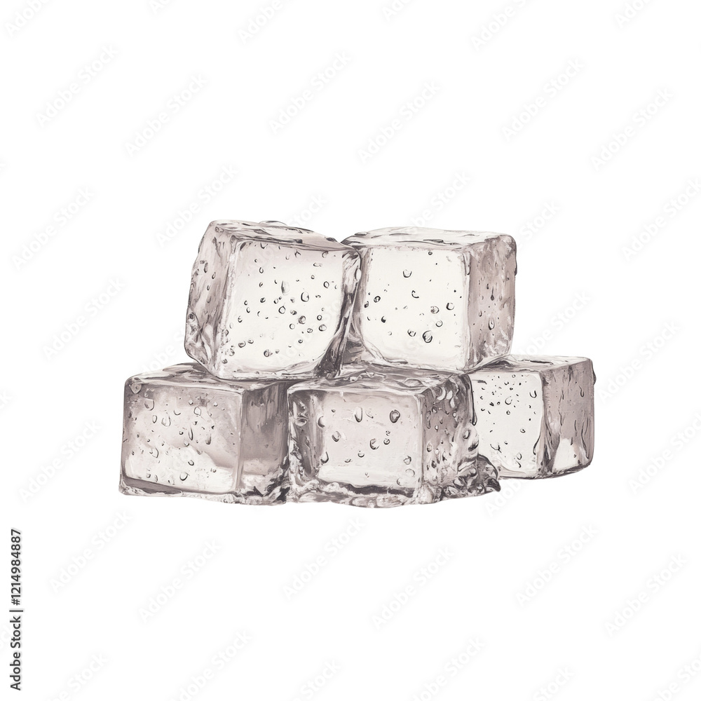 Poster a close up image shows four wet ice cubes stacked on a black background. the cubes are transparent a